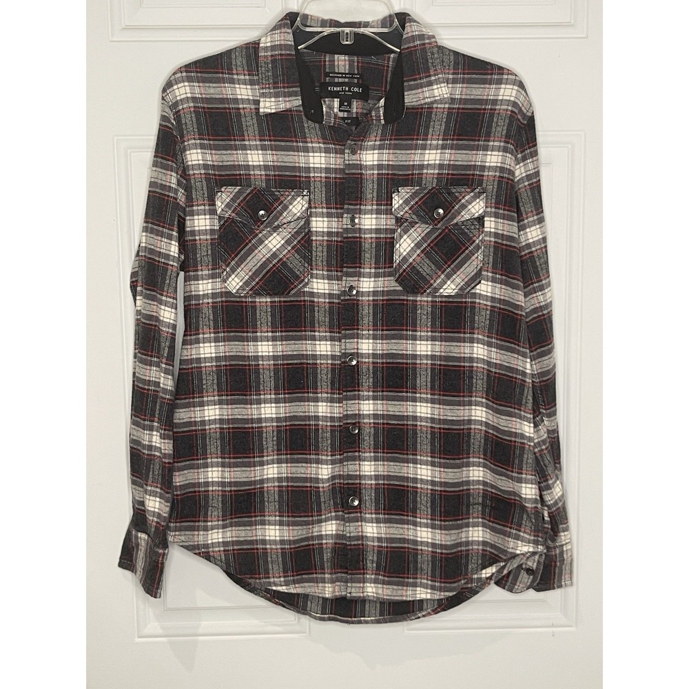 Kenneth Cole Men's Medium Slim Fit Mobility Flannel Shirt Black Red Gray Plaid